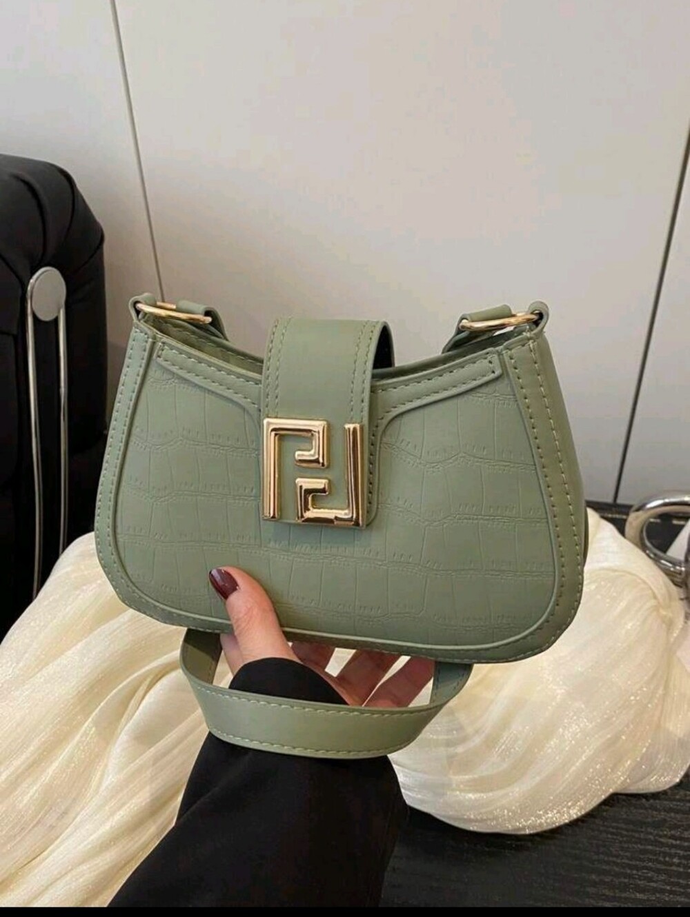 BRAND NEW ** Green Embossed Saddle Bag with Gold Hardware